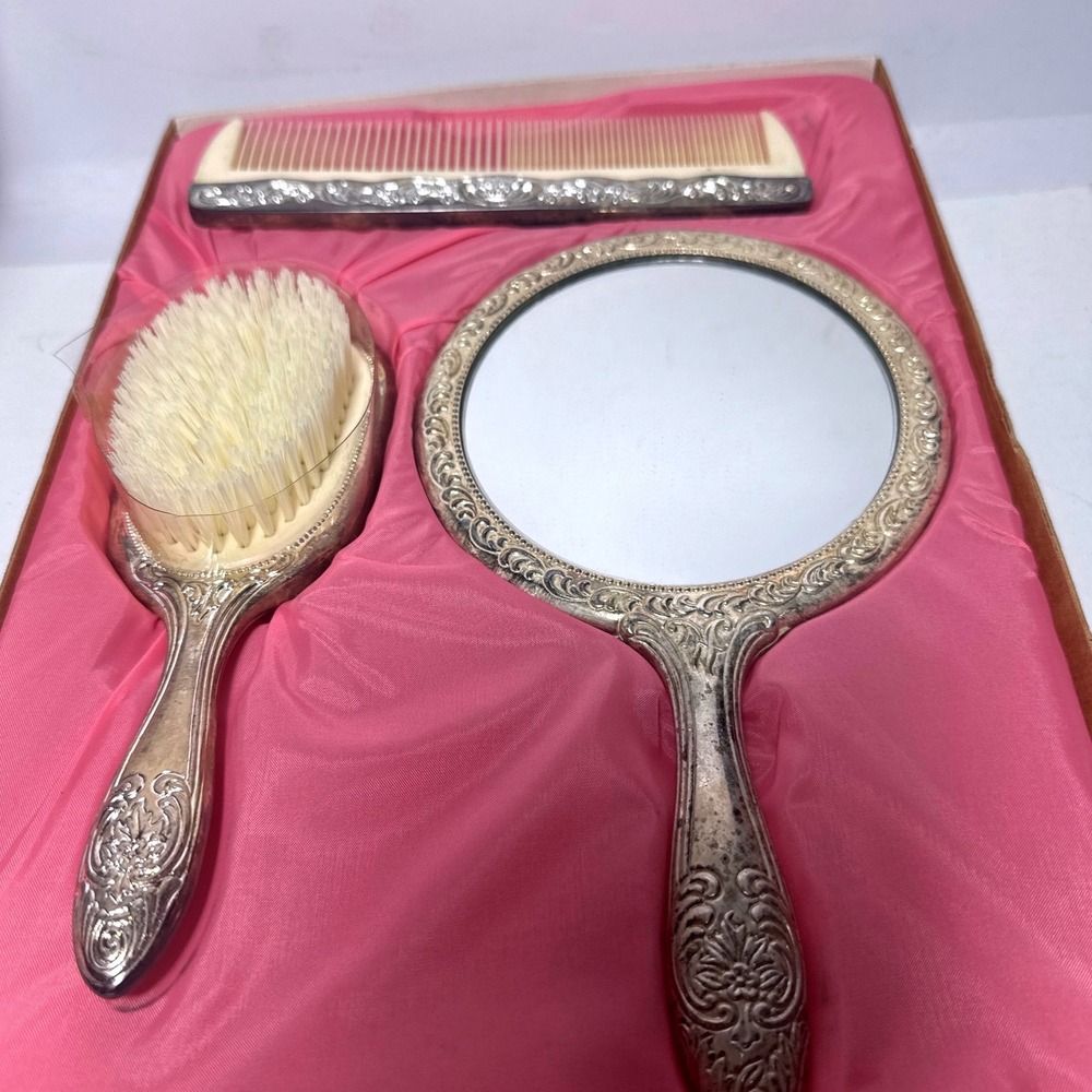 Marquel Vanity Set Silver Fair Vintage Ornate Floral Mirror Brush Comb